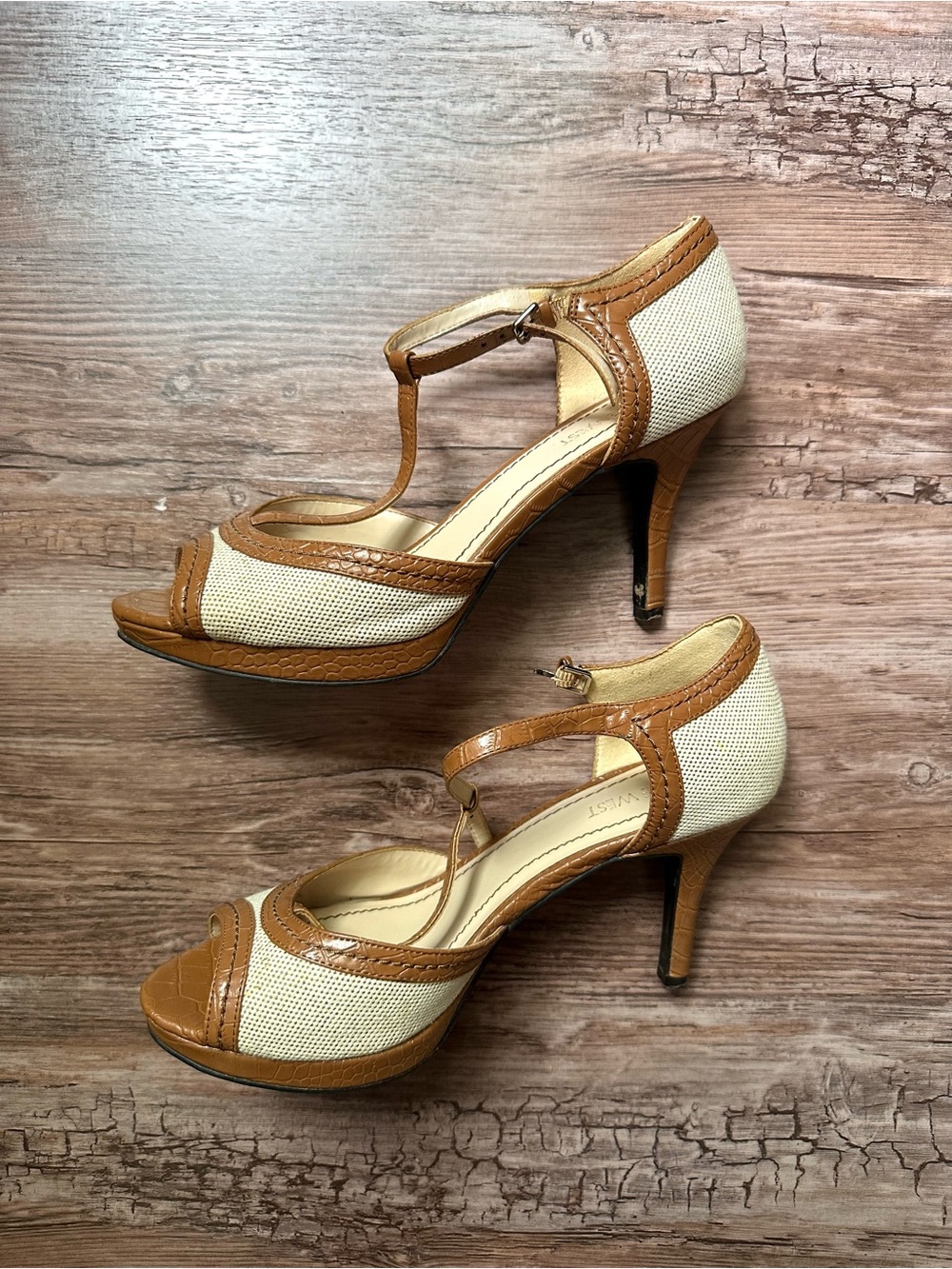 Nine West Tan and Beige T-Strap Heels